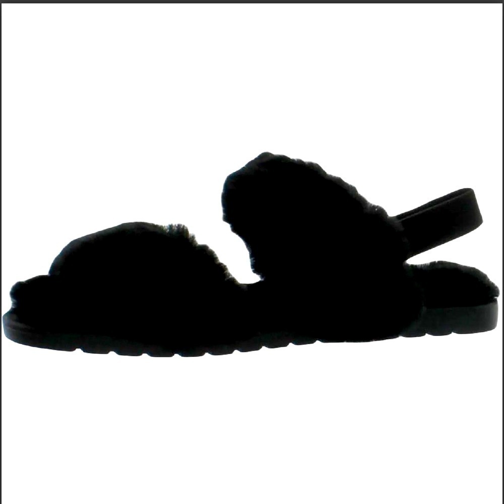 Sun + Stone Emma black faux fur sling back slippers/slides. Size 8. NWT/Box.